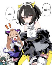  4girls alternate_hairstyle arknights arknights:_endfield black_hair black_jacket black_thighhighs blue_dress blue_eyes blue_tail blush closed_eyes commentary dress endministrator_(arknights) english_commentary female_endministrator_(arknights) grey_hair highres horns jacket kinbakuman liino_(arknights) long_hair long_sleeves multiple_girls off_shoulder open_mouth perlica_(arknights) ponytail short_hair shrug_(clothing) simple_background sleeveless sleeveless_sweater sweater tearing_up thigh-highs translation_request two_side_up wavy_mouth white_background white_shrug white_sweater white_thighhighs zhuang_fangyi_(arknights) 