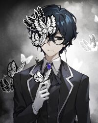  1boy :| arm_at_side ascot bags_under_eyes black-framed_eyewear black_ascot black_butterfly black_hair black_jacket black_vest blazer brooch bug butterfly butterfly_on_face butterfly_on_hand chinese_commentary closed_mouth collared_shirt commentary_request crossed_bangs e.g.o_(project_moon) expressionless eyewear_strap facial_hair glasses gloves grey_eyes hair_between_eyes half-closed_eye hand_up highres hohenheim_(project_moon) jacket jewelry layered_clothes limbus_company long_sleeves looking_down male_focus one_eye_covered open_clothes open_jacket project_moon round_eyewear sammorstrange shirt short_hair solemn_lament_(e.g.o) solo stubble upper_body vest white_butterfly white_gloves white_shirt 