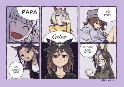  6+girls ^_^ ahoge animal_ears beanie black_hair brown_hair closed_eyes commentary dream_journey_(umamusume) ear_covers english_commentary english_text eruufin fenomeno_(umamusume) flipped_hair glasses gold_ship_(umamusume) grey_hair hair_between_eyes hat highres horse_ears horse_girl long_hair long_sleeves multicolored_hair multiple_girls nakayama_festa_(umamusume) open_mouth orange_hair orfevre_(umamusume) purple_hair smile speech_bubble stay_gold_(umamusume) stay_gold_clan_(umamusume) streaked_hair sweatdrop two-tone_hair umamusume umamusume_horse_relations white_hair 