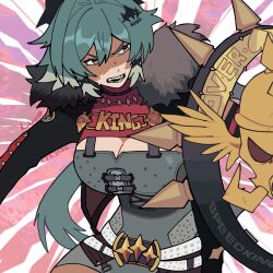 1girl 2026 alienwacc angry breasts caesar_king_(zenless_zone_zero) commentary english_commentary fangs fighting_stance glaring highres holding holding_shield large_breasts looking_to_the_side monochrome open_mouth pencil_skirt ponytail shield short_hair signature skirt solo solo_focus teeth tomboy zenless_zone_zero 