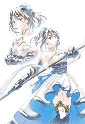  1girl bare_shoulders black_gloves black_hair black_thighhighs bleach bleach:_brave_souls blood blood_on_clothes breasts brown_eyes bruise bruise_on_face chinese_commentary commentary_request dress elbow_gloves gloves halterneck high-low_dress highres hinamori_momo hinamori_momo_(cacao_society) holding holding_polearm holding_weapon injury polearm ponytail shirley_liujh small_breasts smile thigh-highs two-sided_dress two-sided_fabric weapon 