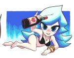  1girl arm_support bangle barefoot bikini blue_eyes blue_hair blush bottle bracelet breasts gashi-gashi heart jewelry long_hair looking_at_viewer lying necklace on_side parted_lips pinky_out smile solo swimsuit 
