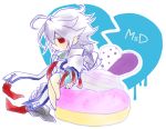  1girl ahoge blazblue bodysuit cape doughnut highres nu-13 shama silver_hair 