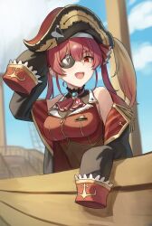  1girl bare_shoulders black_coat black_hat blue_sky blush breasts coat coat_partially_removed day eyepatch hair_ribbon hand_up hat highres hololive houshou_marine large_breasts leotard leotard_under_clothes long_hair looking_at_viewer mast open_clothes open_coat open_mouth outdoors pirate_costume pirate_hat pirate_ship red_eyes red_hair red_ribbon ribbon sail sailing_ship see-through_clothes see-through_leotard ship shroud_(sailing) sky sleeves_past_wrists smile solo twintails vakuuberi virtual_youtuber watercraft 
