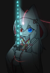  1girl animal_ears black_background blue_eyes canxue commentary flat_chest fox_ears fox_girl furry furry_female glowing glowing_sword glowing_weapon gradient_background hair_between_eyes hair_ornament hair_over_shoulder heterochromia highres holding holding_sword holding_weapon japanese_clothes kimono light_smile long_hair red_eyes solo standing sword untranslatable_commentary weapon white_fur white_hair white_hood white_kimono 