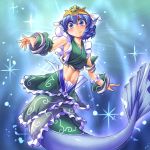  1girl adapted_costume animal_ears blue_eyes blue_hair blush detached_sleeves fun_bo head_fins japanese_clothes kimono mermaid midriff monster_girl navel short_hair smile solo touhou wakasagihime 