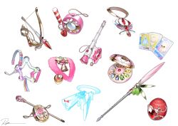  arrow_(projectile) backlace_(psg) bell blue_halo bottle bow_(weapon) bracelet candy candy_cane card chain compact_(cosmetics) cosmetics cosmic_baton_girl_comet-san food gem genre_connection gun halo handgun headset heart heart-shaped_pupils instrument jewelpet jewelpet_(creature) jewelpet_(series) jewelry kaitou_saint_tail kamichama_karin katana kirarin_revolution mahou_no_princess_minky_momo necklace no_humans object_focus panty_&amp;_stocking_with_garterbelt perfume_bottle polearm princess_tutu red_gem ring ruby_(jewelpet) ryota_(ry_o_ta) signature simple_background spear staff star_(symbol) strawbell_bell stripe_i_&amp;_ii_(psg) sword symbol-shaped_pupils tambourine tokyo_mew_mew wand wantame_music_channel weapon white_background yume_no_crayon_oukoku 