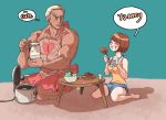  1boy 1girl apron blonde_hair brown_hair eating food gamagoori_ira jewelry kill_la_kill mankanshoku_mako muscle mustad rice rice_cooker ring sitting wariza 