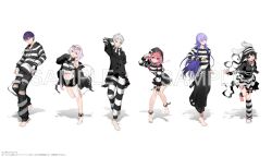  3boys 3girls ahoge animal_hat ankle_cuffs arm_behind_head bandage_on_neck bandaged_hand bandaged_leg bandages bandaid bandaid_on_head barefoot black_choker black_gloves black_hair black_hood black_hoodie black_jacket black_pants black_shirt black_shorts blue_eyes braid chest_harness choker collar colored_tips commentary crop_top cuffs earrings elbow_gloves eyewear_on_head fingerless_gloves floating_hair full_body gloves green_eyes grey_hair hair_ornament hairclip handcuffs harness hat highres hood hood_down hood_up hoodie hoshirube_sho iro_(26136210) jacket jacket_partially_removed jewelry kenmochi_touya kuzuha_(nijisanji) layered_skirt leg_warmers long_hair long_sleeves looking_at_viewer metal_collar midriff multicolored_hair multiple_boys multiple_girls navel nijisanji official_alternate_costume pants pink_eyes pink_hair pointy_ears prison_clothes purple_hair red_eyes sample_watermark sasaki_saku shadow shiina_yuika shirt short_hair short_shorts shorts simple_background single_ankle_cuff single_handcuff skirt sleeveless sleeveless_shirt sleeves_past_fingers sleeves_past_wrists smile standing standing_on_one_leg striped_clothes striped_gloves striped_hoodie striped_leg_warmers striped_pants striped_shirt sunglasses suspender_pants thigh_strap torn_clothes torn_pants torn_shirt tsukino_mito twintails very_long_hair virtual_youtuber watermark white_background white_gloves white_hair white_hoodie white_pants white_shirt white_skirt x_hair_ornament 