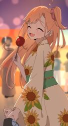  2girls :d ^_^ amano_lier azabu_mai blurry blurry_background candy_apple closed_eyes commentary_request female_pov floral_print floral_print_kimono food green_sash hair_ornament hair_scrunchie highres holding holding_another's_wrist holding_candy_apple holding_food ikizulive!_love_live!_bluebird japanese_clothes kimono love_live! multiple_girls obi obijime open_mouth orange_hair pink_scrunchie pov pov_hands print_kimono sash scrunchie smile solo_focus sunflower_print takahashi_polka white_kimono yukata 