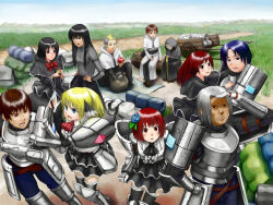  4girls 6+boys apple armor armored_boots ascot backpack bag black_eyes black_hair black_pants black_robe black_shirt black_thighhighs blonde_hair blue_eyes blue_flower blue_hair blue_pants blue_rose blue_sky boots bow bowtie breastplate brown_eyes brown_hair capelet cart commentary_request day facial_hair faulds flower food fruit full_body gloves goatee grass grey_hair grey_shirt hair_flower hair_ornament long_hair looking_afar looking_at_another looking_to_the_side mohawk multiple_boys multiple_girls old old_man open_mouth original outdoors pants path pauldrons red_ascot red_bow red_bowtie red_eyes red_hair robe rose sengoku_esuji shading_eyes shirt short_hair shoulder_armor sitting sky standing thigh-highs white_capelet white_gloves white_robe 
