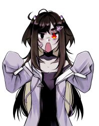  1girl bandaid bandaid_on_face black_dress brown_eyes brown_hair collar colored_inner_hair cowboy_shot dress fire game_asset ghost_hair_ornament hair_ornament hands_up jacket long_hair long_sidelocks love_angel_syndrome mole mole_under_eye multicolored_hair non-web_source off_shoulder official_art open_mouth pill_hair_ornament purple_jacket screaming self-datamine short_twintails sidelocks sleeves_past_wrists solo spaghetti_strap tachi-e transparent_background twintails very_long_hair yuuna_(love_angel_syndrome) 