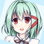  1girl blue_background blush bust green_hair kotaka open_mouth red_eyes ribbon simple_background smile solo 