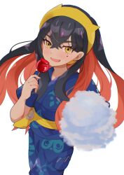  1girl black_hair blue_kimono blush candy_apple carmine_(pokemon) colored_inner_hair commentary_request cotton_candy crossed_bangs food hair_between_eyes hairband holding holding_candy_apple holding_cotton_candy holding_food japanese_clothes kimono long_hair looking_at_viewer mizuiro123 mole mole_under_eye multicolored_hair open_mouth pokemon pokemon_scarlet_and_violet red_hair simple_background smile two-tone_hair white_background yellow_eyes yellow_hairband yukata 