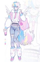  1boy ahoge angel_wings animal_charm animal_ears artist_name bag bag_charm bear_charm blonde_hair blue_hair cat_boy cat_ears charm_(object) color_guide cropped_jacket denim english_commentary fluffy_tail greyscale hair_between_eyes heart heart_ahoge highres jeans leg_warmers male_focus midriff monochrome multicolored_hair original pale_skin pants pink_bag pink_hair simba21 solo torn_clothes torn_jeans torn_pants v wings 