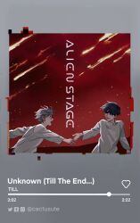  2boys absurdres alien_stage artist_name black_eyes black_hair cactusute commentary english_commentary english_text green_eyes grey_hair highres holding_hands instagram_logo ivan_(alien_stage) long_shirt looking_at_another male_focus media_player_interface meteor_shower multiple_boys open_mouth pause_button progress_bar red_sky repeat_button shirt short_hair shuffle_button sky song_name spotify thick_eyebrows till_(alien_stage) tumblr_logo twitter_logo unknown_till_the_end very_short_hair white_shirt 