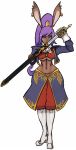  1girl animal_ears blue_eyes boots breasts cropped_jacket dark_skin earrings final_fantasy final_fantasy_tactics fusion hoop_earrings jewelry knee_boots large_breasts long_hair midriff navel pantaloons pointy_shoes ponytail purple_hair rabbit_ears scathegrapes shantae shantae_(character) sheath solo sword underboob unsheathing viera weapon wide_hips 