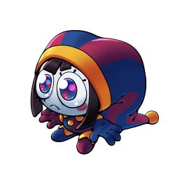  1girl asymmetrical_gloves blue_eyes blue_gloves blush_stickers brown_hair colored_skin commentary discount-supervillain english_commentary frown gloves hat jester jester_cap jester_costume mismatched_gloves multicolored_eyes multicolored_hat pomni_(the_amazing_digital_circus) red_eyes red_gloves short_hair striped_clothes striped_headwear the_amazing_digital_circus two-tone_eyes two-tone_hat vertical-striped_clothes vertical-striped_headwear white_skin 