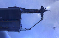 blue_theme commentary eve_online georg_hilmarsson glowing no_humans photoshop_(medium) planet scenery science_fiction space spacecraft thrusters 