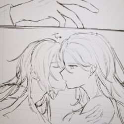  1boy 1girl alternate_costume blonde_hair breasts closed_eyes commentary_request green_eyes grey_hair hand_focus hand_on_another's_shoulder highres inseki kiss kissing_cheek limbus_company lucio_(overwatch) monochrome mother_and_child mother_and_son parent_and_child project_moon simple_background sketch valencina_(project_moon) violet_eyes white_background yionsim 