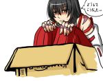  1girl amazon_(company) black_eyes black_hair box cardboard_box detached_sleeves hakama in_box in_container japanese_clothes knees_on_chest long_hair m.u.g.e.n nontraditional_miko original samuimu scar sendai_hakurei_no_miko solo sweatdrop touhou 