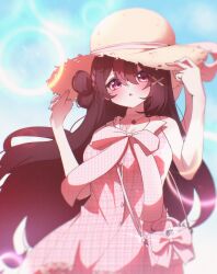  1girl :o absurdres bag bare_arms blue_sky blurry blush bokeh bow breasts brown_hair choker commentary commission cowboy_shot day depth_of_field dress hair_between_eyes hair_bun hair_ornament handbag hands_on_headwear hands_up hat highres isegye_idol jururu korean_commentary lens_flare long_hair looking_at_viewer ohun open_mouth outdoors parted_lips pink_bow pink_choker pink_dress pink_eyes plaid_clothes plaid_dress ribbon shoulder_bag sky sleeveless sleeveless_dress solo straw_hat sun_hat unmoving_pattern very_long_hair virtual_youtuber waktaverse x_hair_ornament 