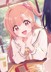  2girls absurdres ahoge azabu_mai birthday black_hair blush collarbone commentary cream_(nipakupa) cup drinking_straw fast_food food french_fries hair_ornament hair_scrunchie highres ikizulive!_love_live!_bluebird long_hair long_sleeves looking_at_viewer love_live! multiple_girls one_side_up orange_eyes orange_hair pink_scrunchie scrunchie table takahashi_polka tray 