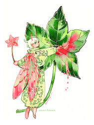  1girl antennae artist_name closed_mouth collared_jacket dress_shoes embroidery full_body green_hair green_jacket high_collar holding holding_paintbrush jacket long_skirt maruti_bitamin mini_person multicolored_hair original paint paintbrush painting_(action) painting_(medium) parted_bangs ribbon shoes signature skirt solo traditional_media two-tone_hair watercolor_(medium) white_background white_hair 