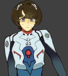  1boy adam_lanza aegyo_sal animification ayanami_rei blue_eyes bodysuit brown_hair closed_mouth grey_background headset interface_headset_(evangelion) kaynsuicide male_focus mecha_pilot_suit neon_genesis_evangelion parted_bangs plugsuit_(evangelion) real_life sandy_hook_elementary_school_shooting shiny_eyes short_hair sweat true_crime upper_body 