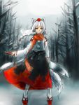  1girl animal_ears bare_tree breath cloudy_sky detached_sleeves forest geta hand_on_hilt hat inubashiri_momiji looking_at_viewer nature outdoors parted_lips pom_pom_(clothes) red_eyes rough short_hair skirt solo sword tabi tail tengu-geta tokin_hat touhou tree weapon white_hair winter wolf_ears wolf_tail zzzzzzzzzzzzzzp 