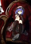 1girl ascot bat_wings blue_hair boots brooch chair cross-laced_footwear curtains fang hand_on_knee hat hat_ribbon jewelry knee_boots looking_at_viewer miruto_netsuki mob_cap puffy_sleeves red_eyes remilia_scarlet ribbon short_sleeves smirk solo touhou window wings 