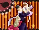  1girl 2boys ahoge axis_powers_hetalia belarus_(hetalia) blonde_hair blue_eyes blush brown_eyes brown_hair coat dress fang ghost_costume hug hug_from_behind lifting long_hair long_sleeves moldova_(hetalia) multiple_boys russia_(hetalia) scarf short_hair smile violet_eyes 