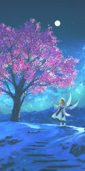  1girl absurdres banjie blonde_hair cherry_blossoms chinese_commentary commentary_request dress drill_hair fairy fairy_wings frilled_sleeves frills full_body full_moon hat highres long_sleeves luna_child moon mountainous_horizon night orange_eyes outdoors print_dress solo touhou tree white_dress white_hat wide_sleeves wings 