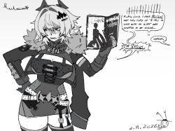  1girl 2026 alienwacc blush book breasts caesar_king_(zenless_zone_zero) commentary embarrassed english_commentary english_text holding holding_book large_breasts looking_to_the_side monochrome pencil_skirt short_hair signature skirt solo speech_bubble thigh-highs tomboy zenless_zone_zero 