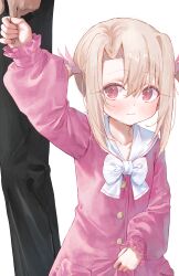  1boy 1girl absurdres blonde_hair blush bow bowtie breasts commentary_request dress fate/kaleid_liner_prisma_illya fate_(series) highres holding_hands illyasviel_von_einzbern kaze_22 korean_commentary long_sleeves looking_at_viewer medium_hair pink_dress red_eyes sailor_collar sidelocks small_breasts twintails white_sailor_collar 