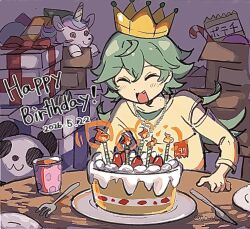  1boy :d ahoge arm_cutout birthday_cake box cake candlelight candy candy_cane cardboard_box casual closed_eyes clothing_cutout commentary_request crossed_bangs crown cup dated ensemble_stars! fang flipped_hair food fork gift gift_box green_hair hair_between_eyes happy happy_birthday hojo_raika hunched_over indoors jewelry knife light_blush long_hair male_focus necklace o0_0oru plate silver_necklace smile solo strawberry_shortcake stuffed_toy stuffed_unicorn table twitter_username wolf_cut wooden_table 
