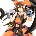  1girl anchor belt brown_eyes brown_hair fang fingerless_gloves gloves guilty_gear hat heart long_hair may_(guilty_gear) midriff pirate pirate_hat shorts skull_and_crossbones smile solo 