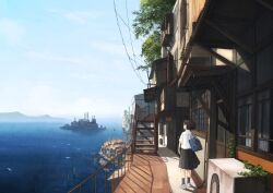  1girl air_conditioner atmospheric_perspective bird black_socks commentary_request day highres mountain mountainous_horizon ocean original pleated_skirt pochi_(poti1990) seagull shirt shoes skirt socks tree white_shirt white_shoes wide_shot 