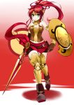  1girl absurdres armor bare_shoulders belt blossomsa boots breasts brown_gloves cape earrings elbow_gloves gloves gradient gradient_background green_eyes grin highres jewelry long_hair polearm ponytail pyrrha_nikos redhead rwby shield smile solo spear walking weapon 