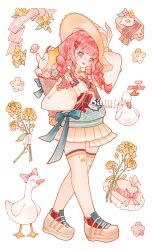 1girl absurdres ahoge animal aqua_flower bacon basket bird blue_bow bouquet bow bow_button bowtie braid brown_eyes bug butterfly cat chinese_clothes chinese_commentary cloak closed_mouth clothed_animal collared_shirt commentary_request cutting_board dot_nose duck duck_print ear_covers earrings eyelashes flower flower_basket food fried_egg frilled_headwear full_body go_go_duck_(shining_nikki) hair_ornament hair_over_shoulder hairclip hand_on_headwear happy hat hat_bow head_tilt high_collar highres hood hood_up hooded_cloak in_basket in_container jewelry jingyanyan light_blush long_hair long_sleeves looking_at_viewer low_twin_braids miniskirt momo_(nikki) nikki_(nikki) nikki_(series) ofuda_earrings open_mouth parallel_hairclips pink_bow pink_butterfly pink_flower pink_hair pleated_skirt print_vest procreate_(medium) puffy_long_sleeves puffy_sleeves reaching red_bow red_bowtie red_vest sample_watermark shining_nikki shirt shoes simple_background skirt sleeves_past_wrists smile sneakers standing straw_hat striped_clothes striped_thighhighs tachi-e tareme teeth thigh-highs twin_braids unworn_hat unworn_headwear upper_teeth_only upturned_eyes vertical-striped_clothes vertical-striped_thighhighs vest waist_bow watermark wave_print white_background white_cat white_shirt white_shoes white_skirt white_thighhighs yellow_bow yellow_cloak yellow_flower yellow_hat zettai_ryouiki zzz 