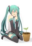  1girl aqua_hair detached_sleeves harusawa hatsune_miku long_hair necktie open_mouth plant smile solo tears thigh_boots thighhighs twintails vocaloid 
