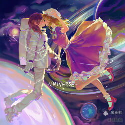  2girls absurdres alternate_costume astronaut blonde_hair blush brown_hair collared_dress dress earth_(planet) embarrassed frilled_dress frills hat helmet highres huameiyu kiss long_hair maribel_hearn mary_janes missing_headwear mob_cap multiple_girls outdoors planet puffy_short_sleeves puffy_sleeves purple_dress red_shoes shoes short_sleeves socks space space_helmet touhou usami_renko watermark white_socks yuri 