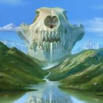  acrylic_paint_(medium) albrecht1471 landscape mountain no_humans original river scenery skull sky teeth torii traditional_media water waterfall 