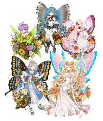  1boy 4girls absurdres ahoge antenna_hair aurora_(fate) avalon_le_fae_(fate/grand_order) bare_shoulders blonde_hair blue_cape blue_eyes blue_hair blush boots bow breasts bridal_gauntlets brown_gloves bug butterfly butterfly_on_hand butterfly_wings cape commentary_request coral_(fate) crown detached_collar detached_sleeves diamond_hairband dress fairy fairy_wings fate/grand_order fate_(series) flower fur-trimmed_cape fur_trim gloves green_dress green_eyes green_wings grey_hair hair_ribbon highres holding holding_flower hope_(fate) insect_wings jewelry kazuradrop_(fate) large_breasts long_hair long_sleeves looking_at_viewer medium_breasts medium_hair multiple_girls murian_(fate) necklace oberon_(fate) oberon_(first_ascension)_(fate) open_mouth pink_eyes pink_hair pink_wings pointy_ears puffy_sleeves purple_hair rainbow_wings ribbon shirt short_hair shorts sidelocks simple_background small_breasts smile sumisu_(rinsumi) thigh_boots torn_wings very_long_hair violet_eyes white_background white_dress wings yellow_eyes yellow_ribbon 
