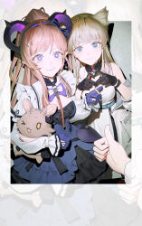  1other 2girls absurdres arknights arknights:_endfield bare_shoulders bayun black_gloves blonde_hair blue_eyes blue_gloves breasts chinese_commentary choshanland_plushy_(arknights) collared_dress commentary_request dress finger_heart four-finger_heart_hands frilled_dress frills gloves hair_ornament head_wings heart heart_hands highres liino_(arknights) looking_at_viewer medium_breasts multiple_girls partially_fingerless_gloves perlica_(arknights) pink_hair pov pov_hands smile star-shaped_pupils star_(symbol) stuffed_animal stuffed_rabbit stuffed_toy symbol-shaped_pupils thumbs_up two-sided_gloves violet_eyes white_dress wings zoom_layer 