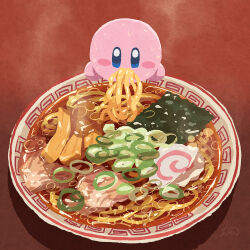  blue_eyes blush_stickers bowl brown_background commentary eating food food_focus highres kamaboko kirby kirby_(series) miclot narutomaki no_humans noodles ramen simple_background solo soup sweat untranslatable_commentary 