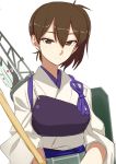  1girl arrow blush bow_(weapon) brown_eyes brown_hair japanese_clothes kaga_(kantai_collection) kantai_collection kumadano looking_at_viewer muneate personification short_hair side_ponytail solo weapon 