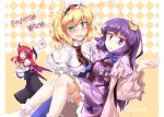 3girls alice_margatroid apron aqua_eyes argyle argyle_background bat_wings blonde_hair blue_dress blush bow capelet carrying crescent doll_hug dress fumitsuki_(minaduki_6) hair_bow hair_ornament hair_ribbon hairband head_wings heart juliet_sleeves koakuma lolita_hairband long_hair long_sleeves looking_at_viewer multiple_girls necktie no_hat open_clothes open_coat open_mouth patchouli_knowledge princess_carry puffy_sleeves purple_dress purple_hair red_eyes redhead ribbon shanghai_doll shirt skirt skirt_set smile spoken_heart striped striped_dress touhou tress_ribbon uneven_eyes very_long_hair vest violet_eyes wide_sleeves wings wink 