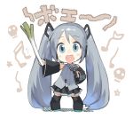  1girl aqua_eyes aqua_hair chibi detached_sleeves hatsune_miku heart heart_in_mouth long_hair microphone musical_note necktie singing skirt skull smile solo spring_onion thighhighs twintails very_long_hair yasu zettai_ryouiki 