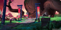  artist_name artist_request cherry_blossoms column falling_petals gem grass highres no_humans pennant petals pillar plant rock scenery stairs sunset tree 